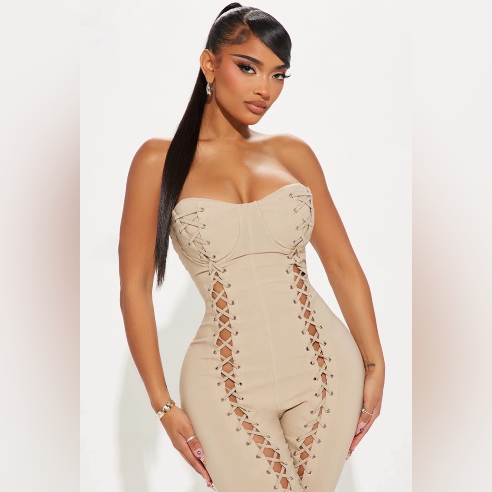 Strapless Lace-Up Corset Jumpsuit — Nude